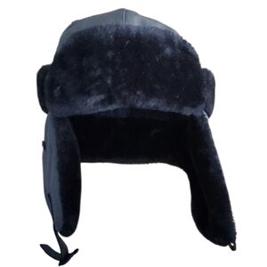 Mens Fuzzy‎ Black And Grey Ear Flap Winter Hat With Buckle
